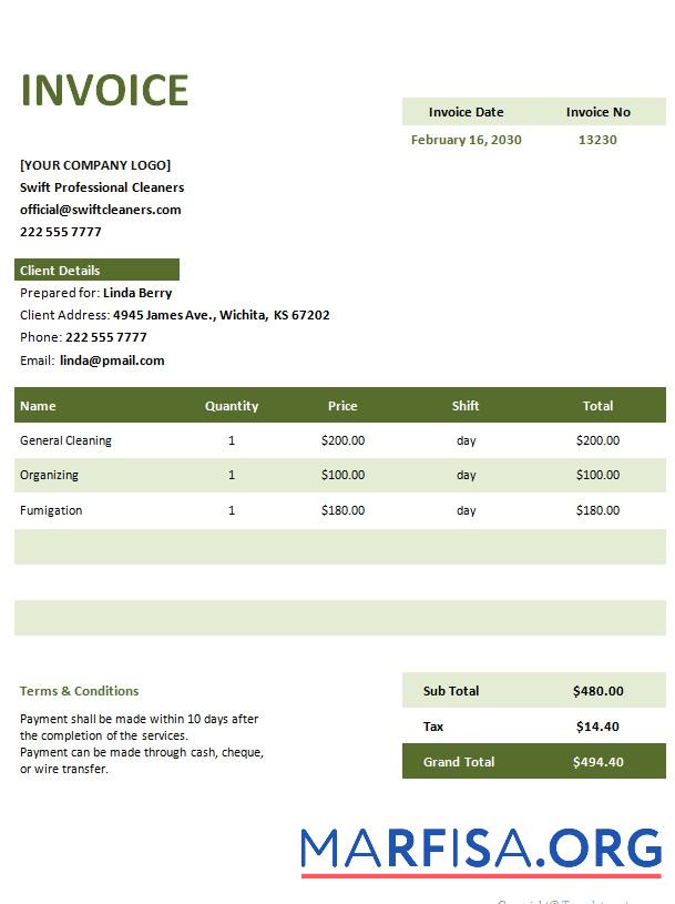 Downloadable Free Invoice Template for Cleaning Service